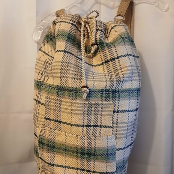 New Plaid Retro Tote Double handle Bucket Backpack Tote Bag Ivory Green School - Picture 2 of 11